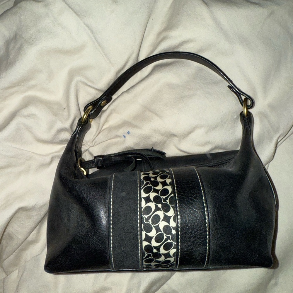 COACH Black Leather with Signature Stripe Top Handle Demi Baguette